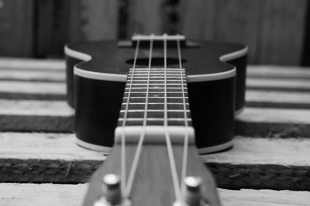 why-choose-us Monochrome close-up shot of a ukulele's strings, showing musical elegance.
