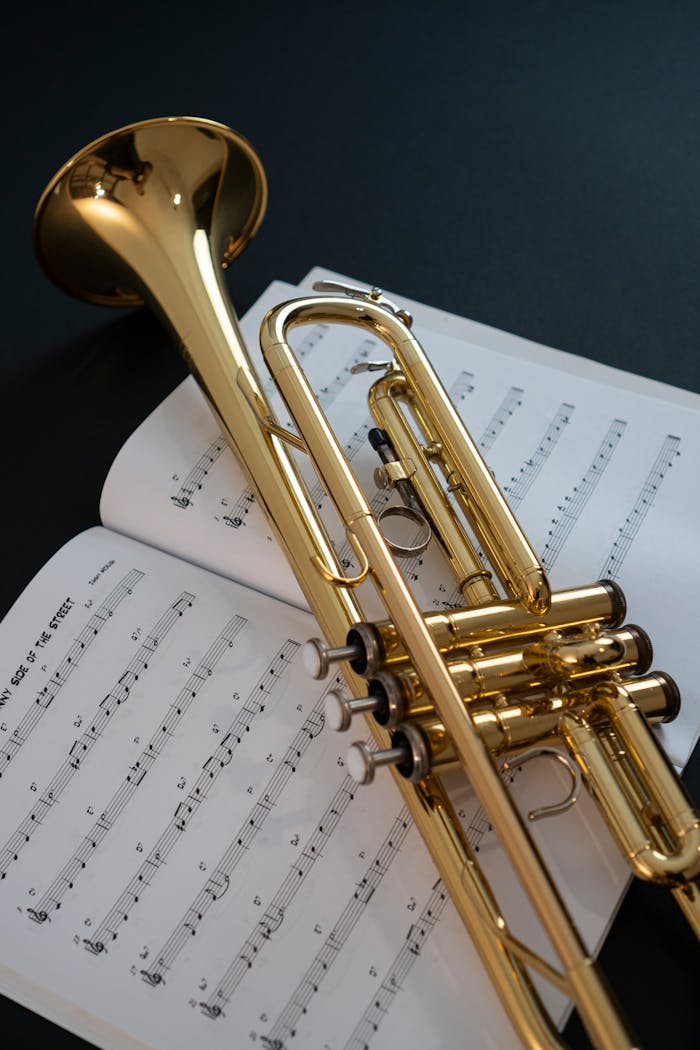 gallery-5 A golden trumpet resting on sheet music, perfect for music themes.