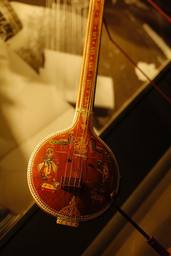 services-02 A beautifully decorated Indian musical instrument with intricate artwork, captured indoors.