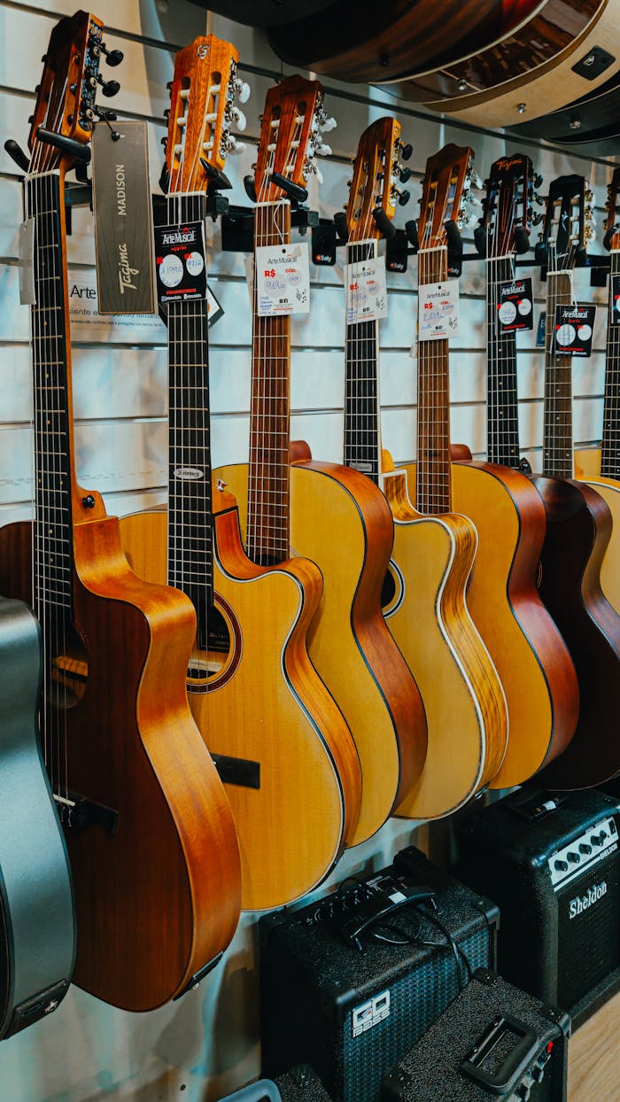 gallery-2 A row of beautifully crafted acoustic guitars on display in a music store, highlighting variety and craftsmanship.