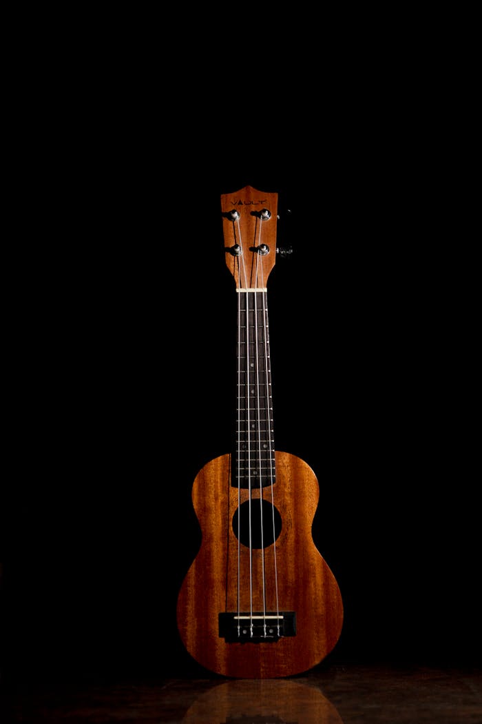 Close-up of a wooden ukulele against a dark background, highlighting its strings and texture.