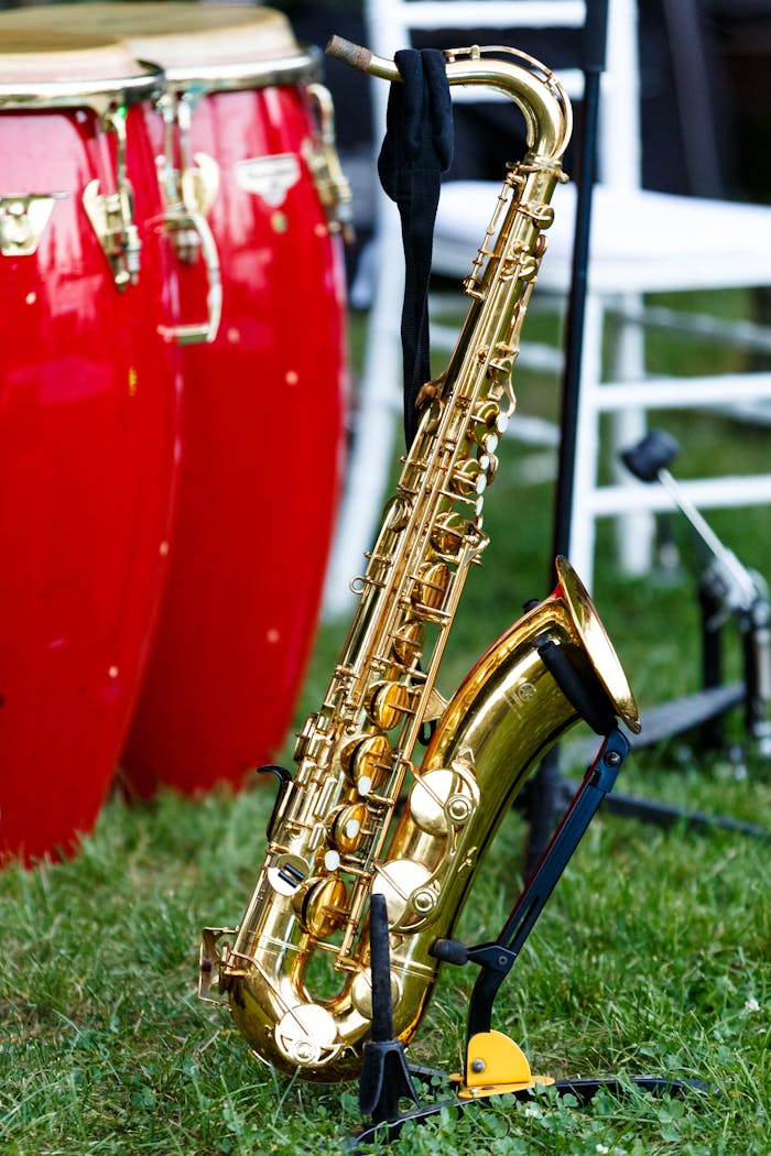 A shiny saxophone stands beside vibrant red congas on a grassy outdoor setting.
